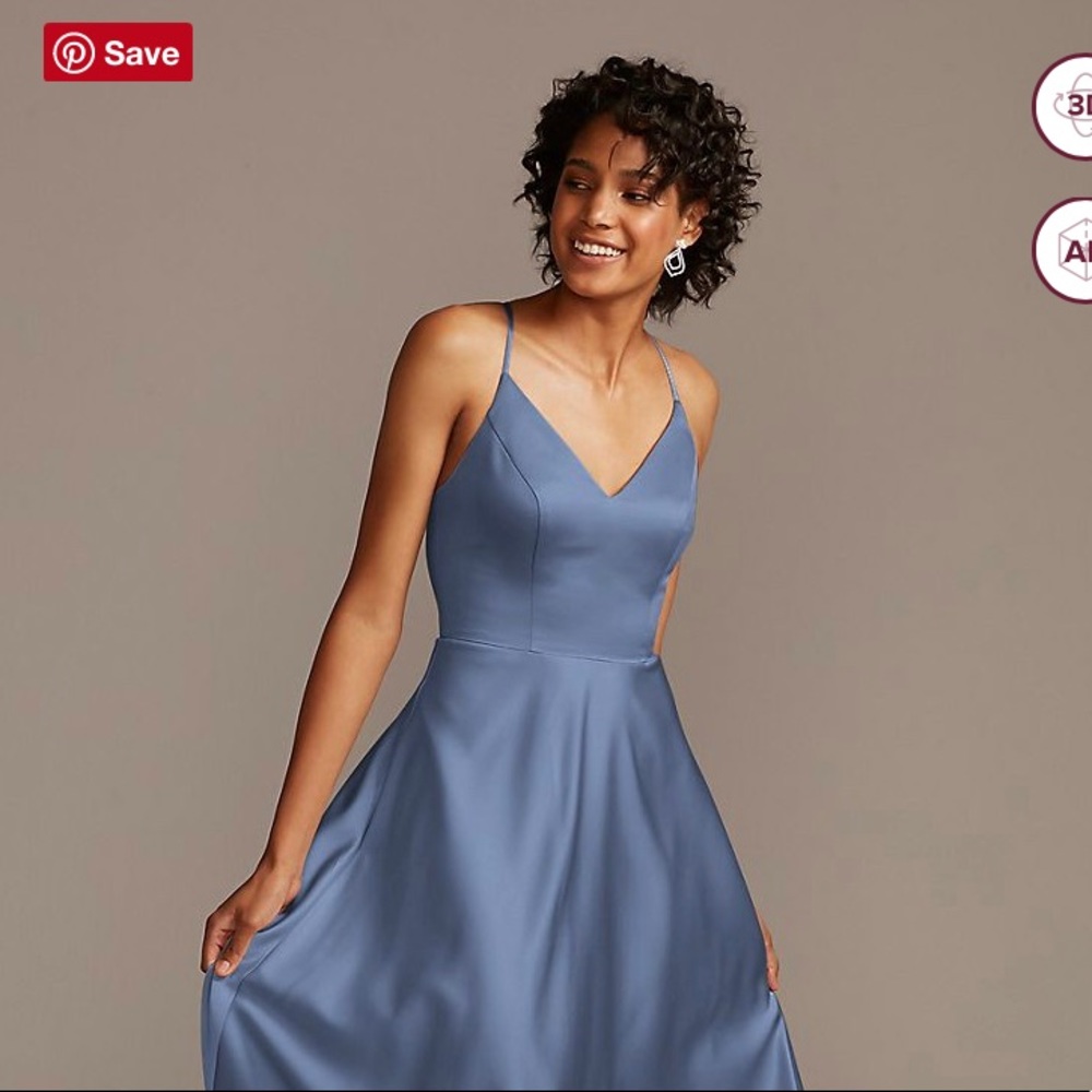 David’s Bridal SPAGHETTI STRAP SATIN A-LINE BRIDESMAID DRESS in Steel Blue